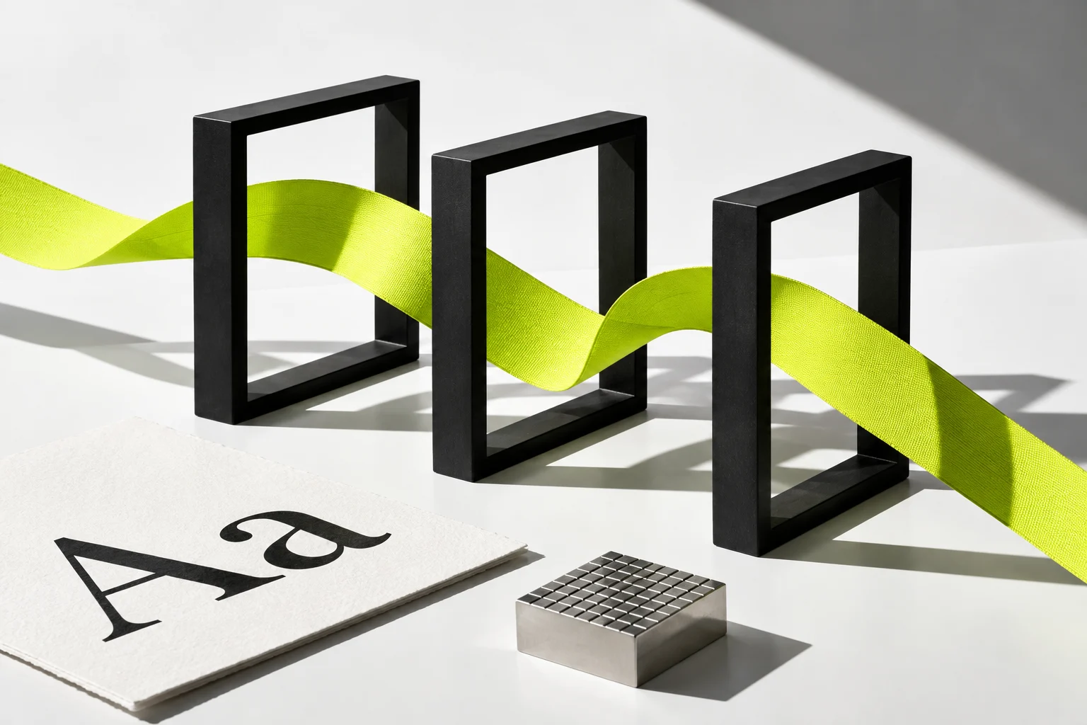 Black-and-white concept study of a continuous ribbon connecting three open frames