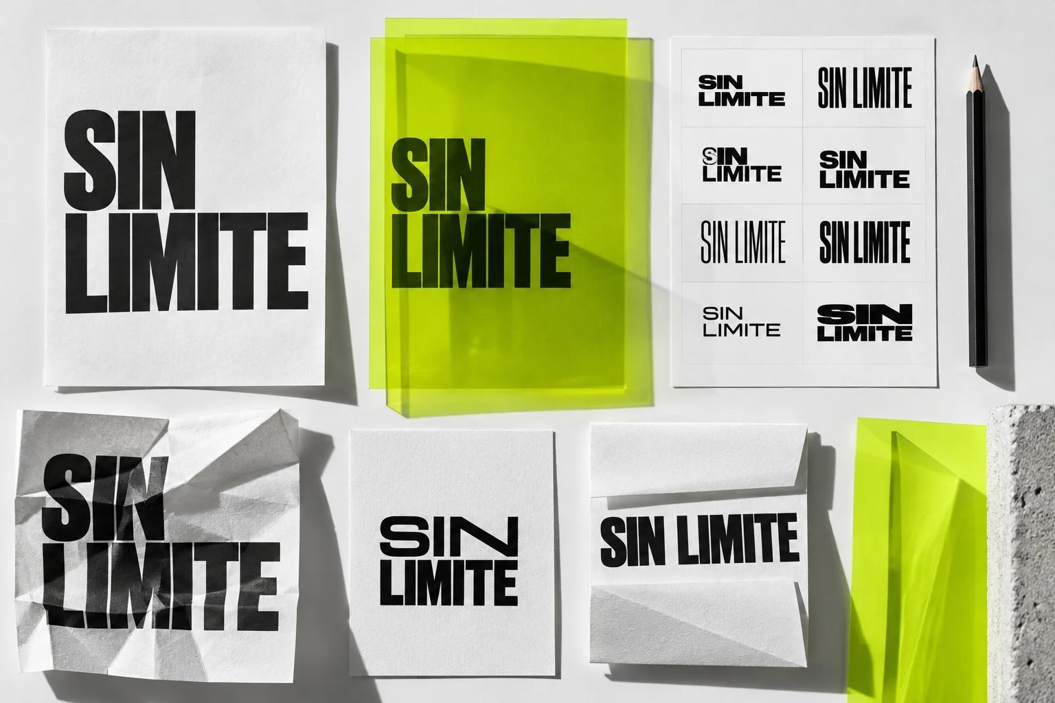 Black-and-white concept study of SIN LIMITE typography, paper and transparent acetate