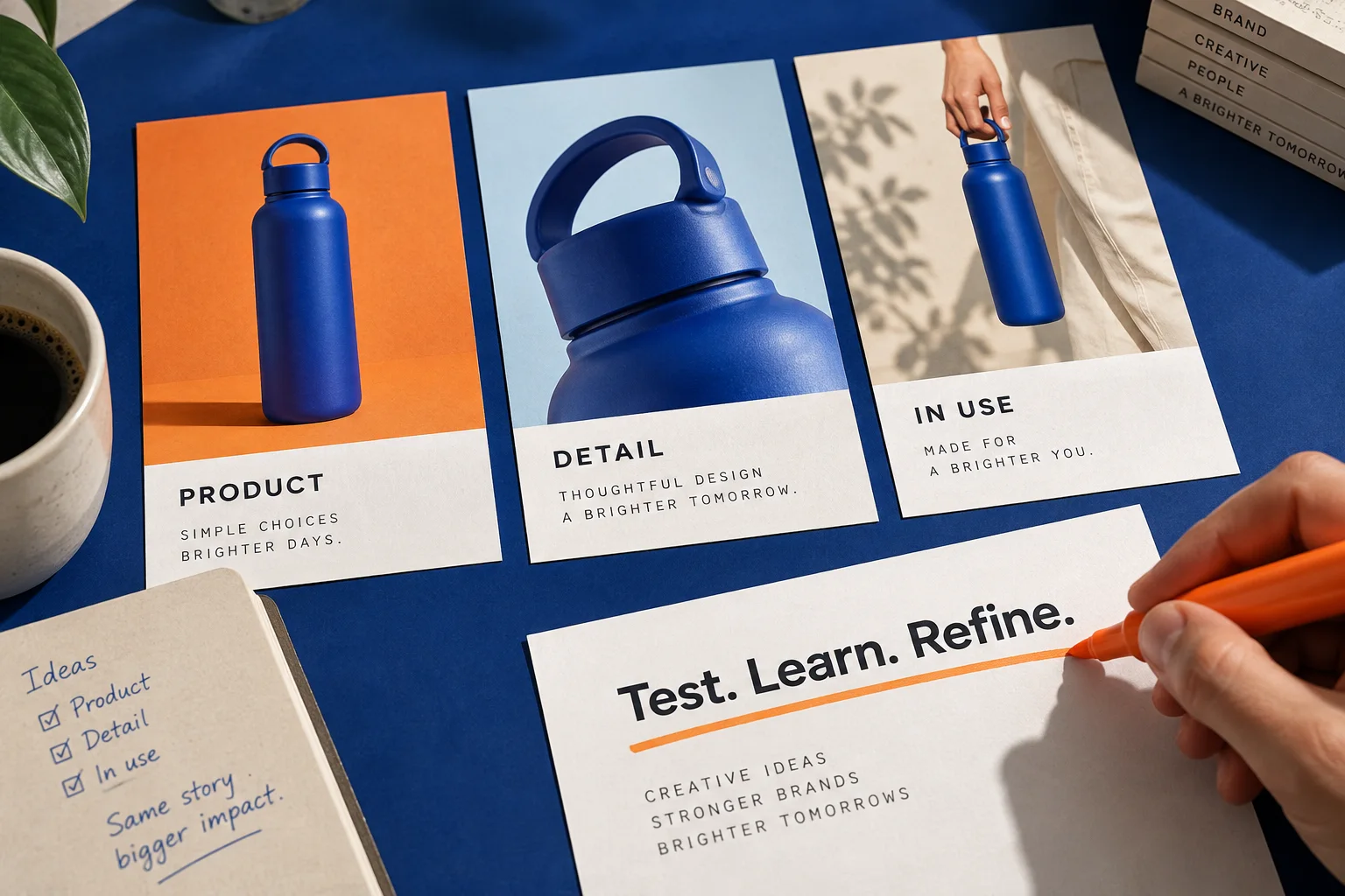 Product, detail and in-use campaign proofs prepared for creative testing