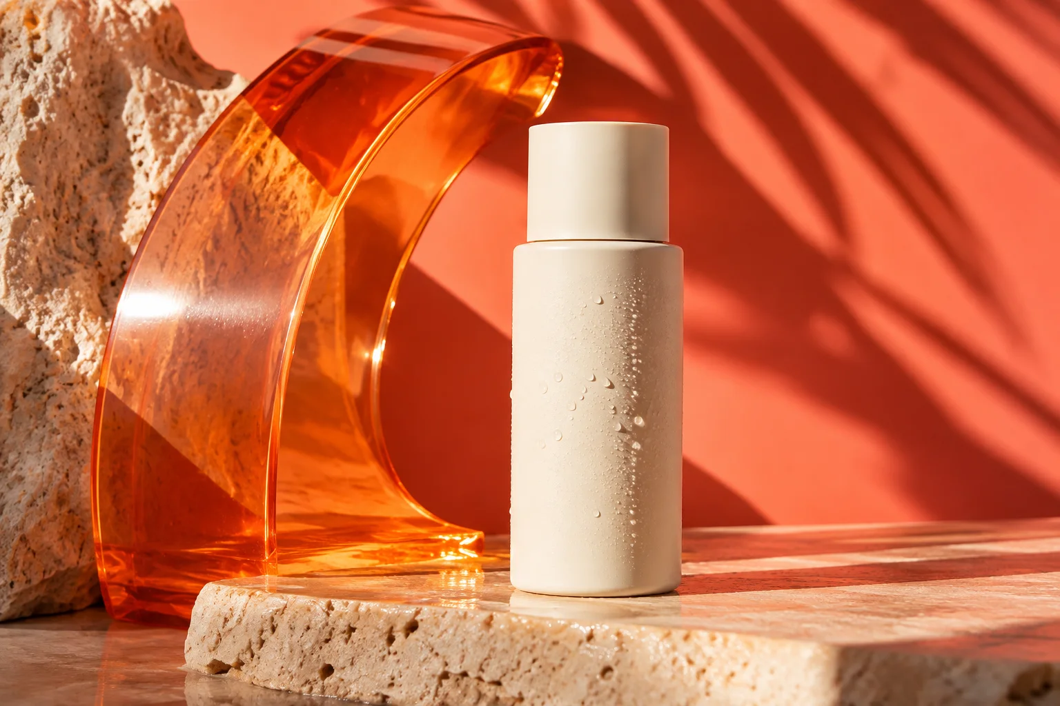 Finished concept campaign photograph of a cream bottle with orange acrylic and dramatic shadows