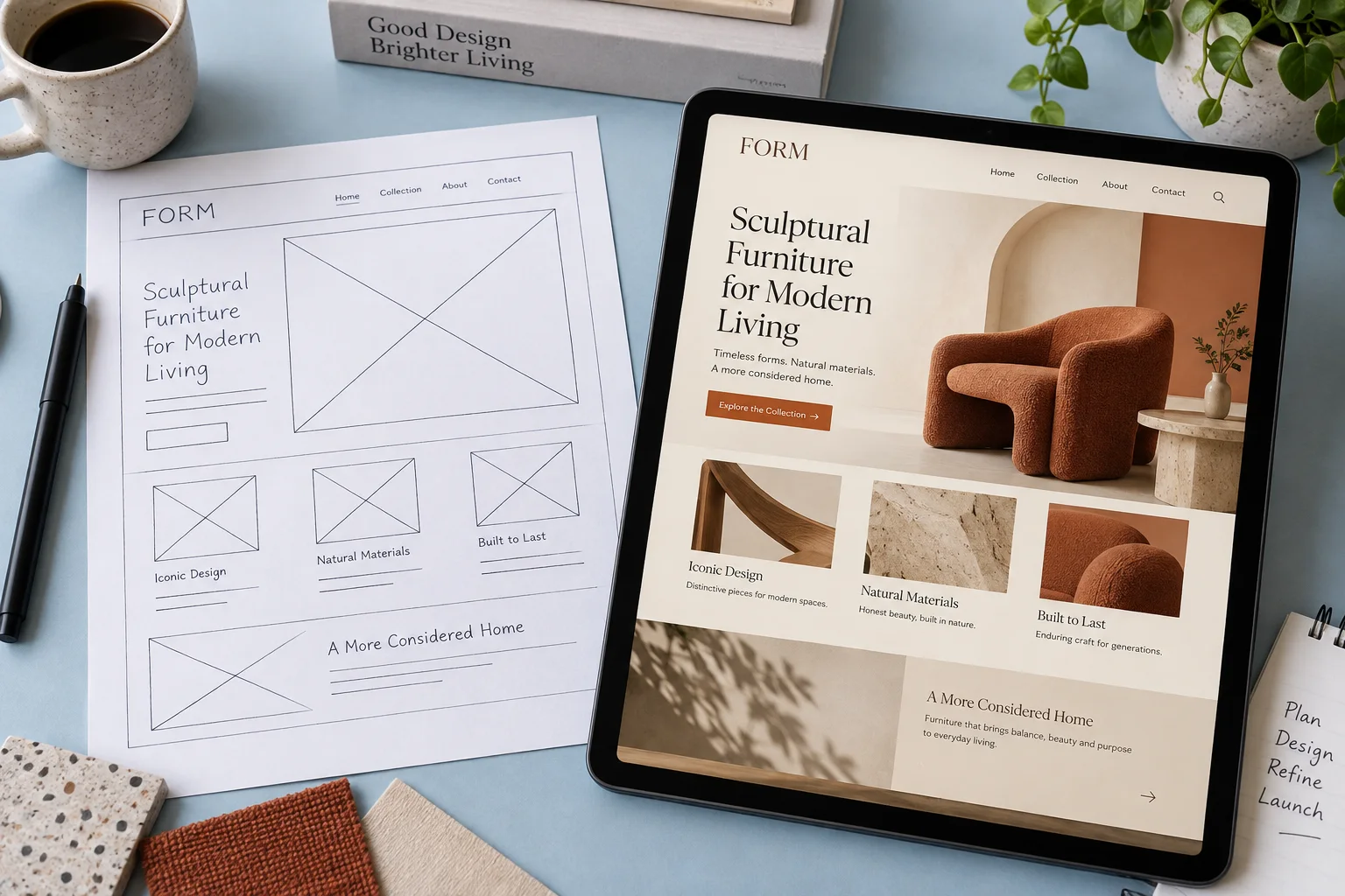 A website wireframe beside its finished tablet design