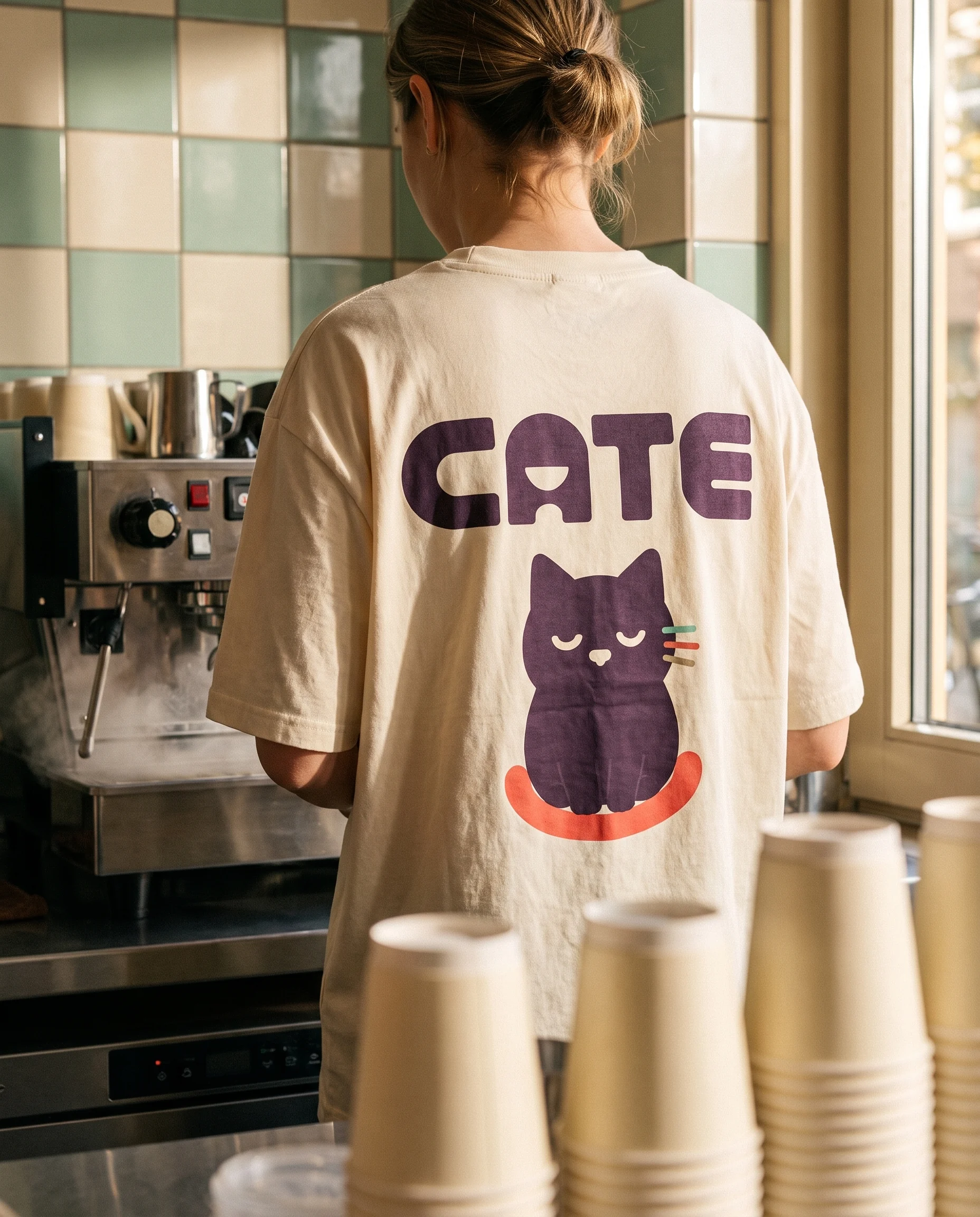 Cafe worker wearing a CATE branded shirt