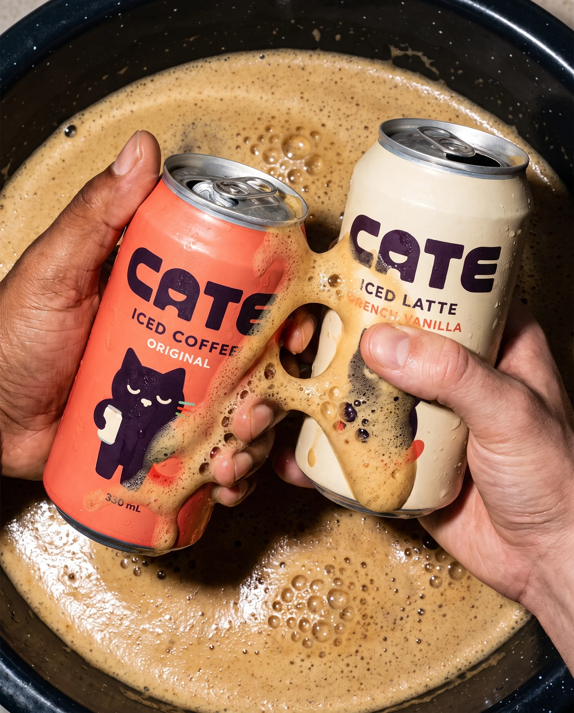 CATE cans beside a close-up of coffee foam