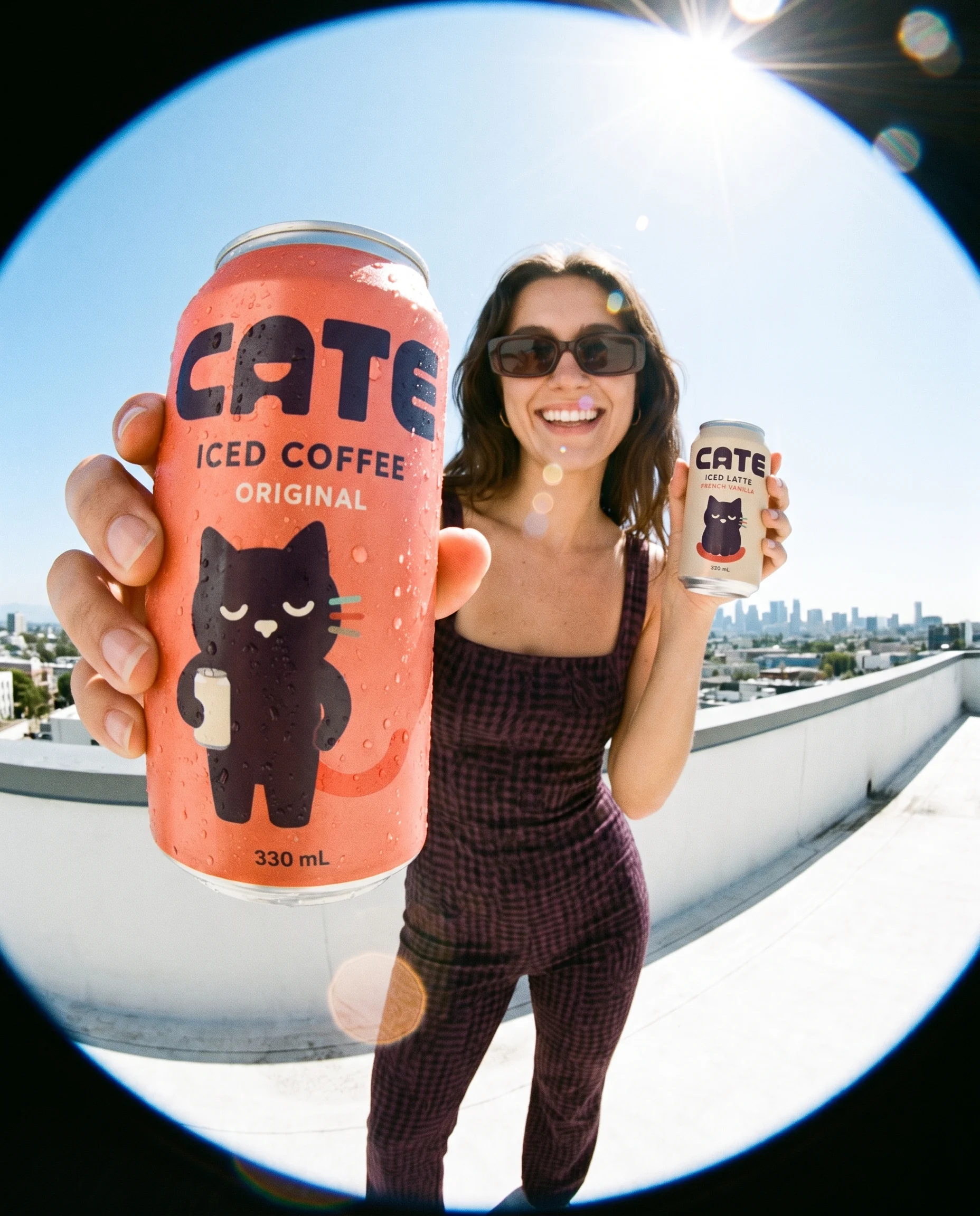 CATE canned drink photographed through a fisheye lens