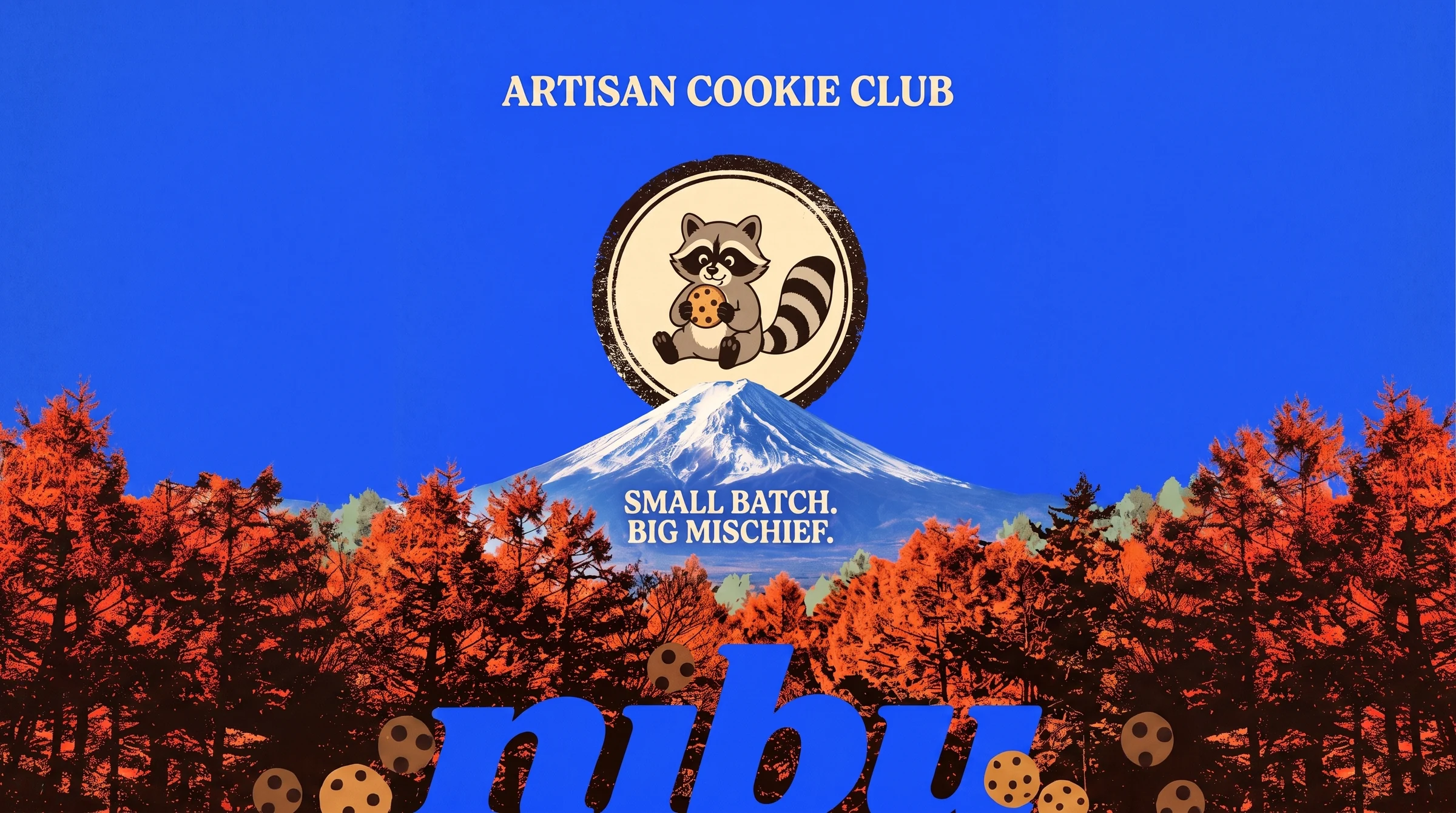NIBU cookie poster installed in a forest landscape