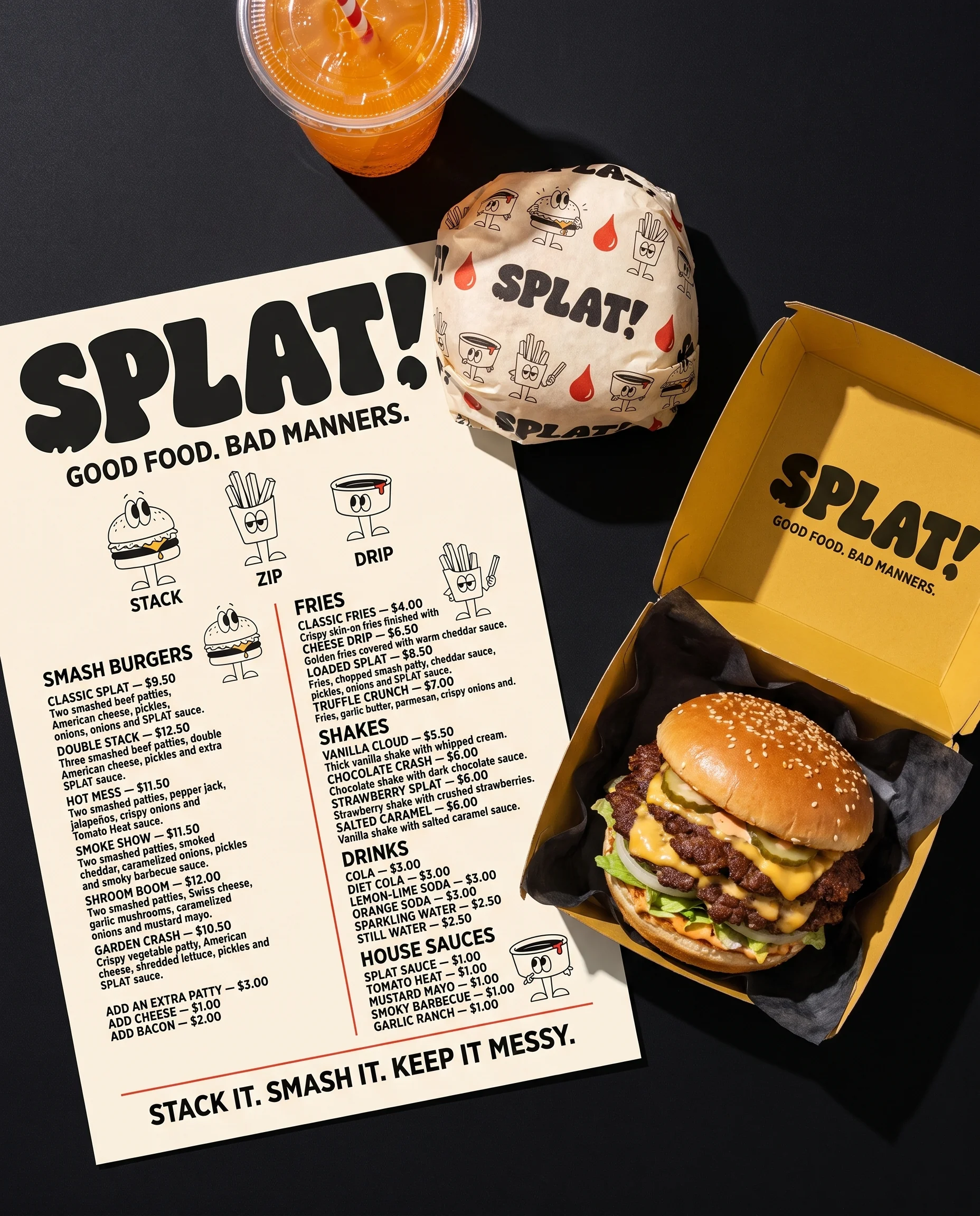 SPLAT burger meal photographed from above